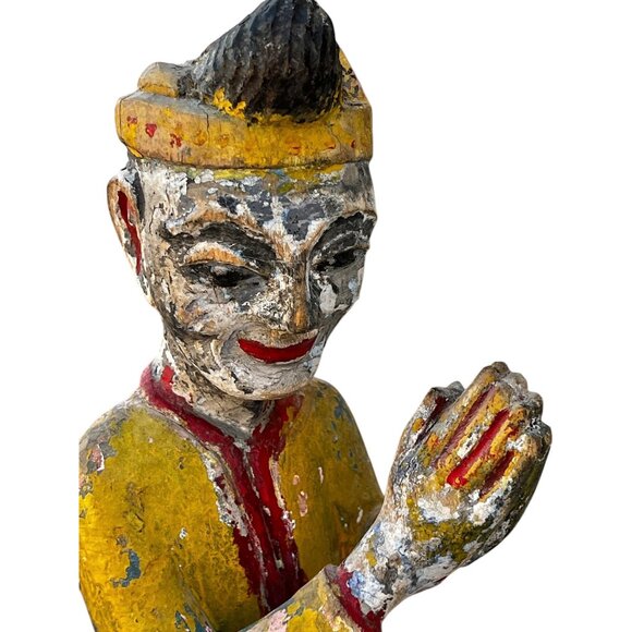 Antique Hand-Carved Wooden Kneeling Monk Statue With Praying Hands - Picture 2 of 16